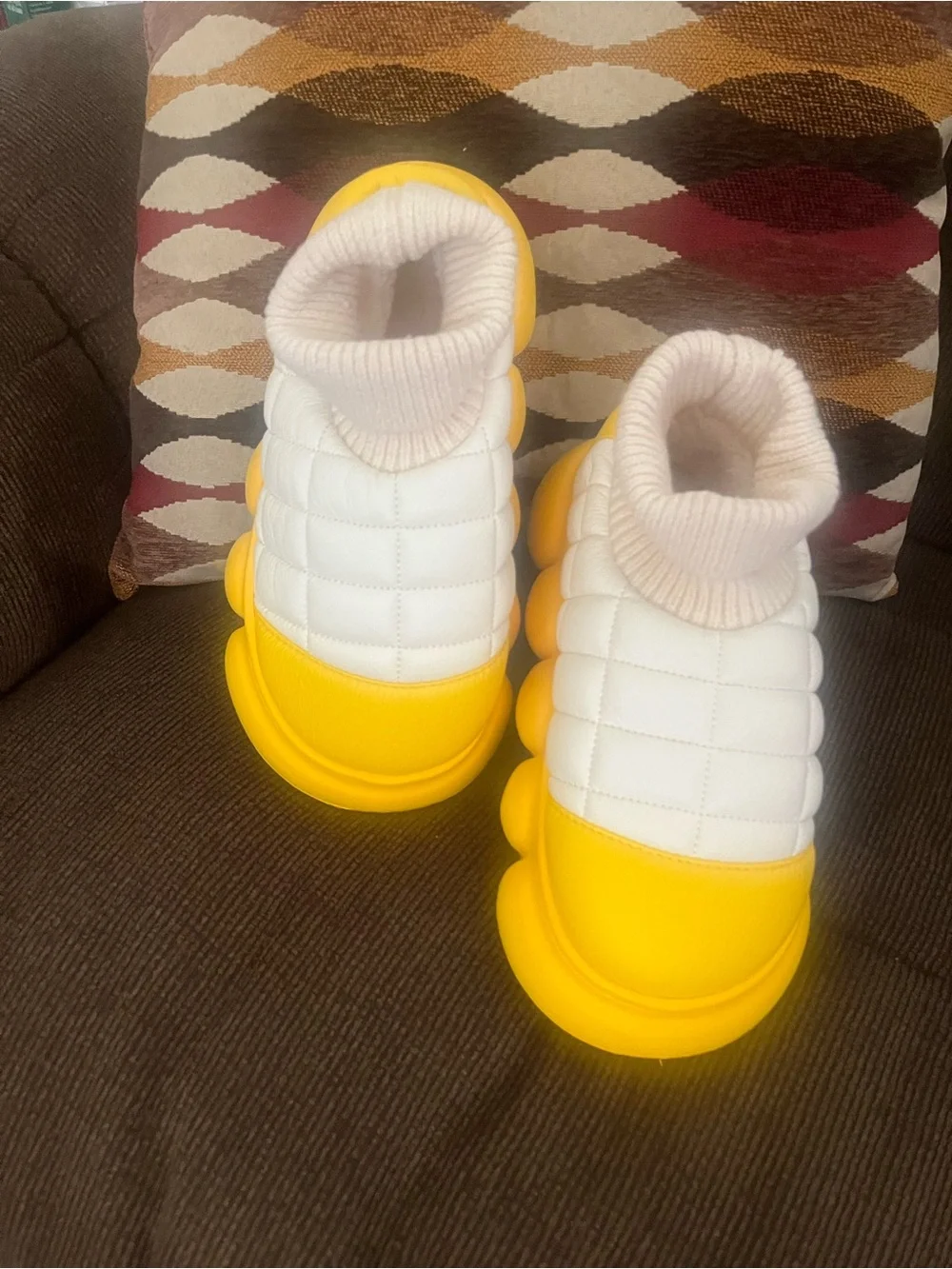 Ladies Quilted White & Yellow Slip-On Cozy Slippers - Brand